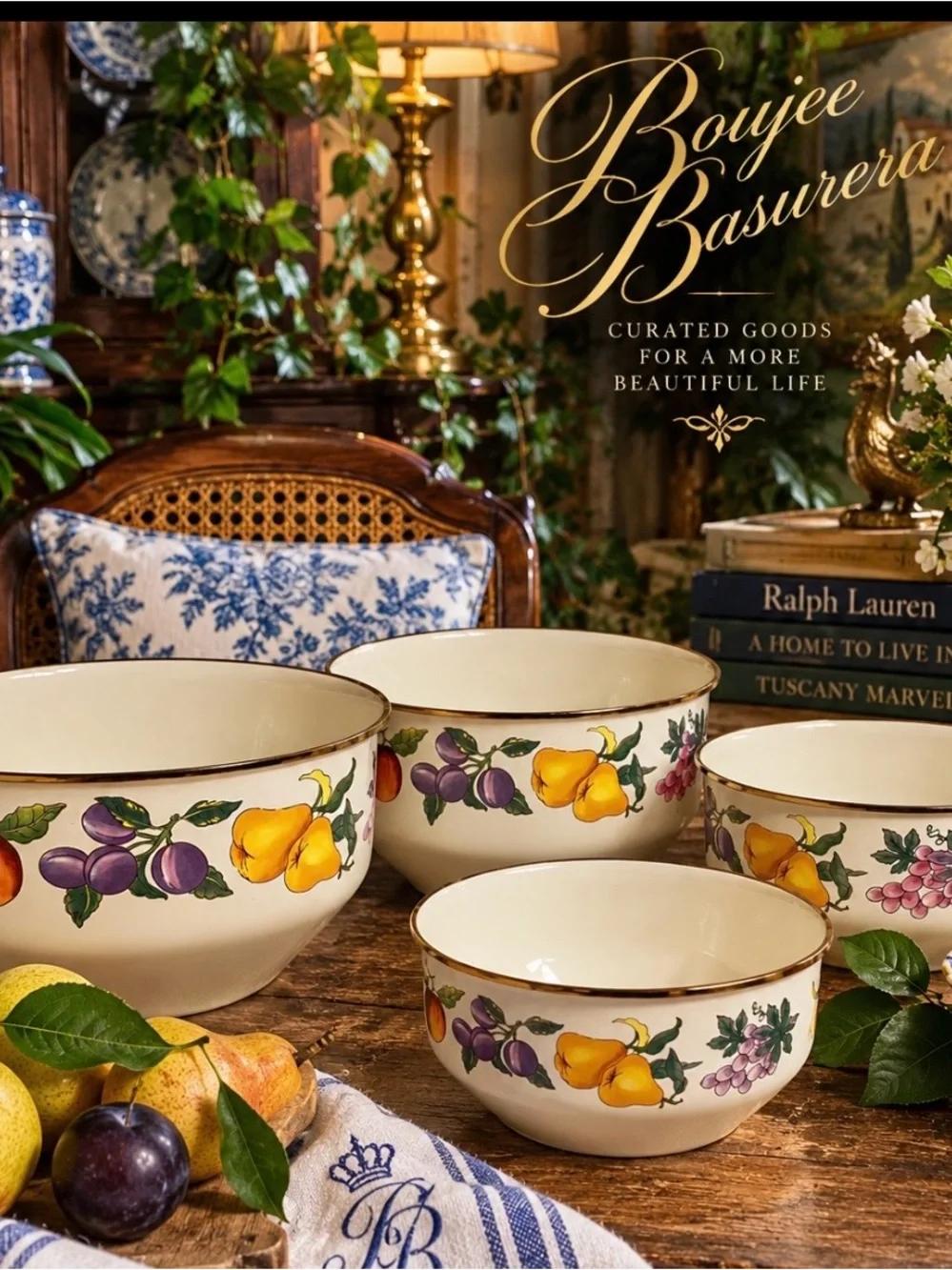 Vintage TableTops Unlimited Essence Fruit Enamelware Bowls Set of 4